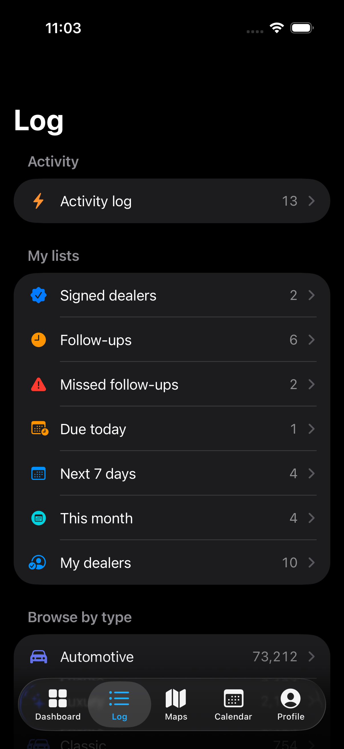 DealerMap Log hub — signed dealers, follow-ups, and the rep's book